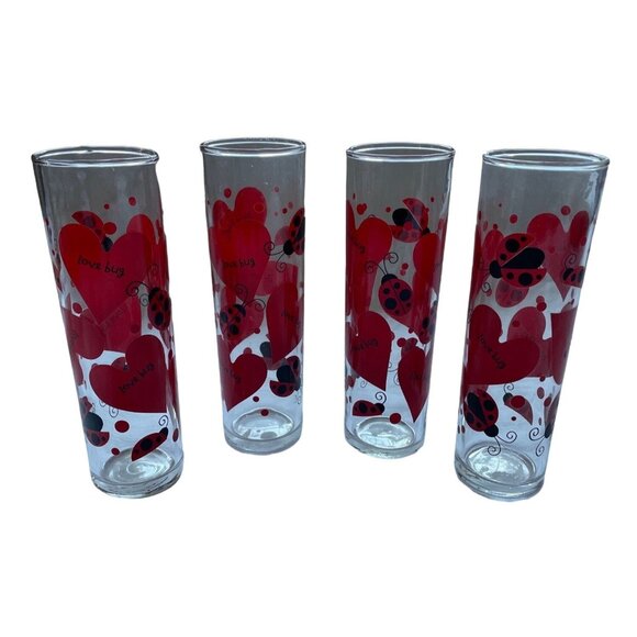 Highball Collins Cocktail Glasses Set 4 Valentine Love Lady Bug Hearts Barware u - Picture 1 of 7